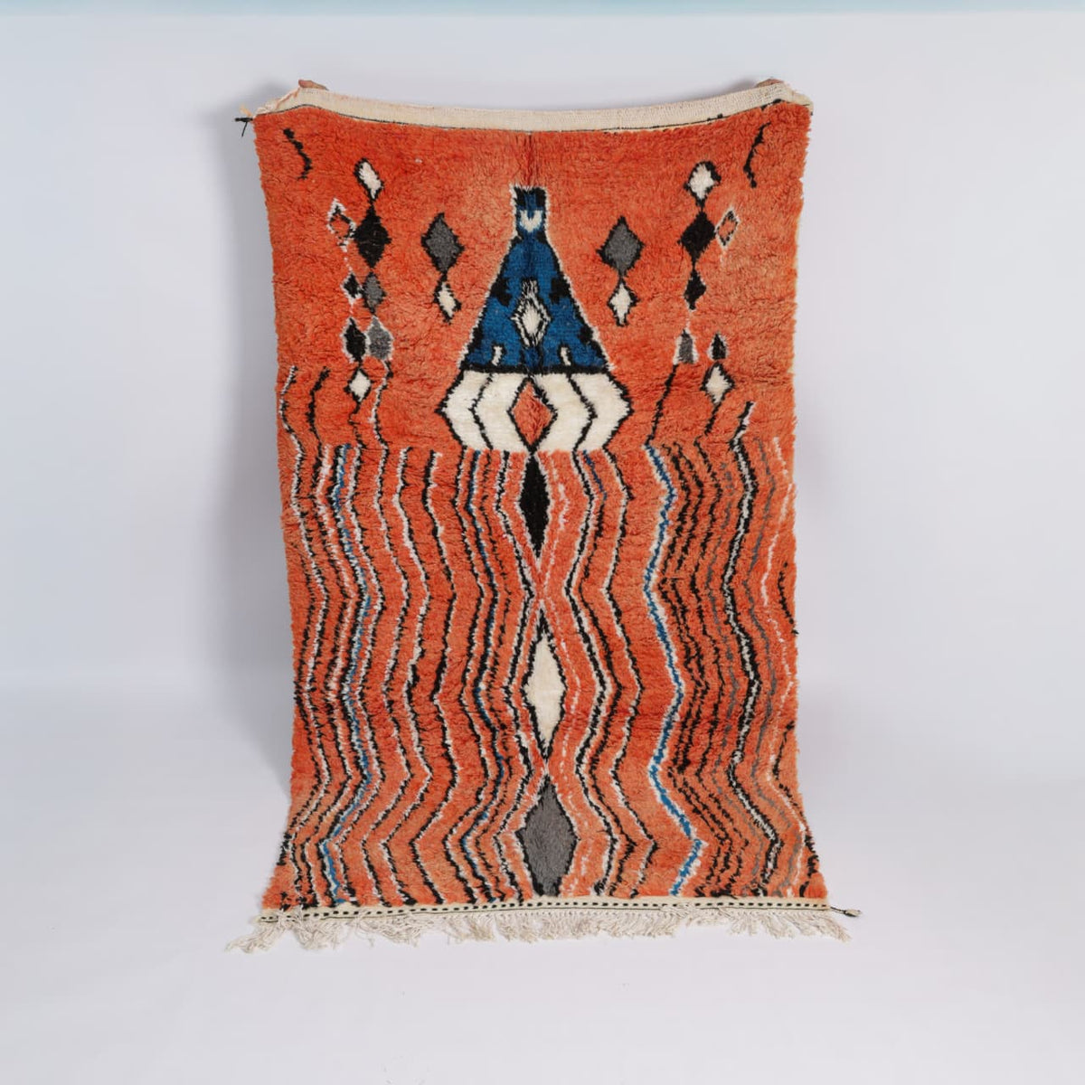 Authentic Moroccan Boujaad Wool Rug - Terracotta Orange & Indigo Blue 3x2m